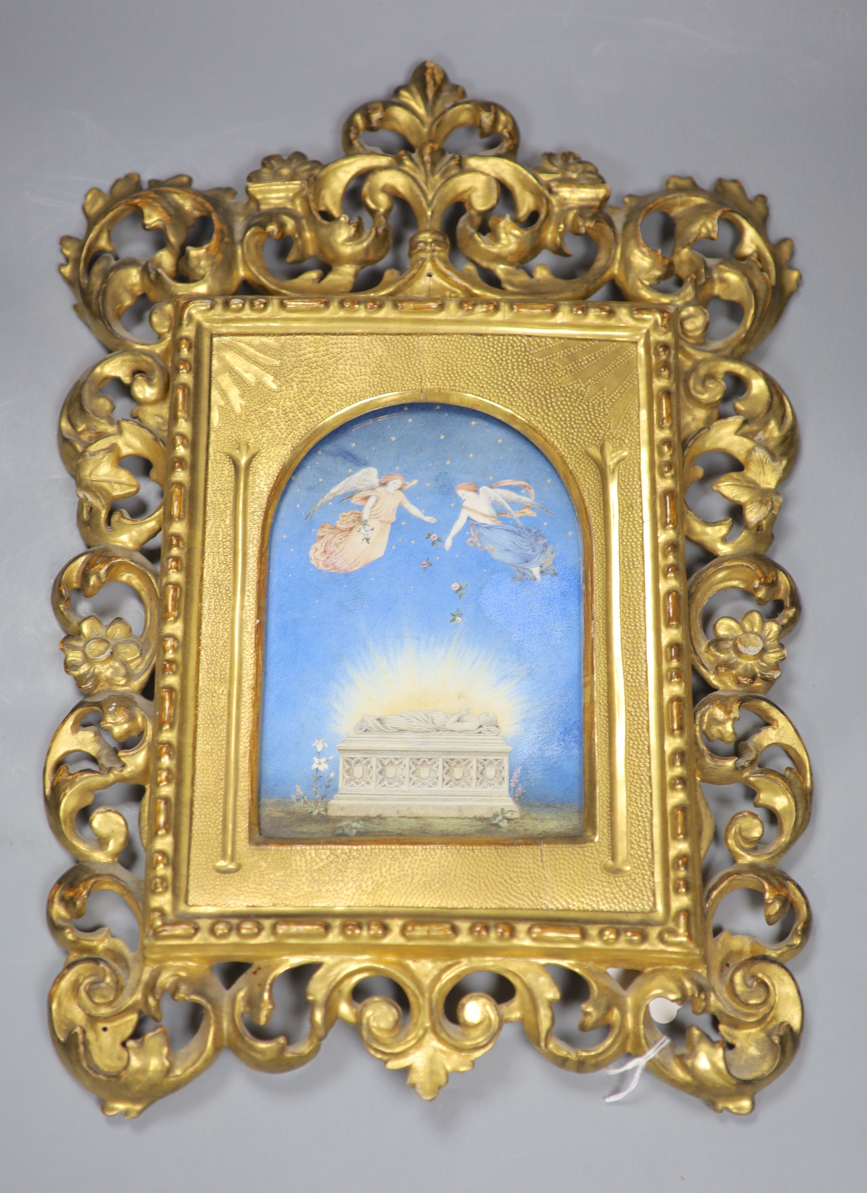 A late 19th century Florentine in memoriam miniature on card, in gilt frame, total height 41cm